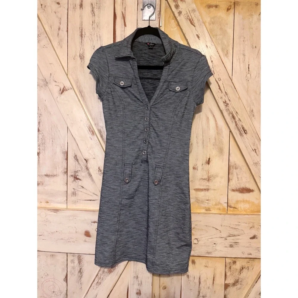 Guess Women's Gray Short Sleeve Button-Front Shirt Stretch Mini Dress Dmall